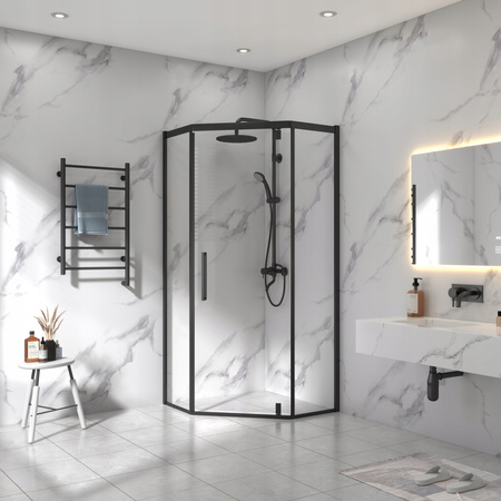 Kabina Prysznicowa Pięciokątna Czarna 90 x 90 + Brodzik Biały 5 cm + Syfon