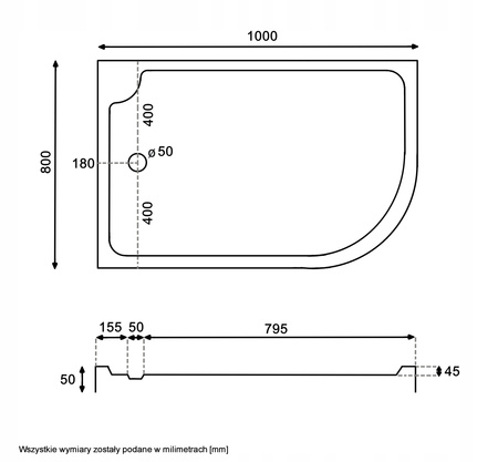KABINA PRYSZNICOWA LEWA ASYMETRYCZNA PRZESUWNA 100 x 80 + BRODZIK 7 CM + SYFON