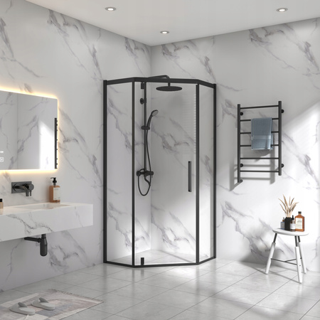 Kabina Prysznicowa Pięciokątna Czarna 90 x 90 + Brodzik Czarny 5 cm + Syfon